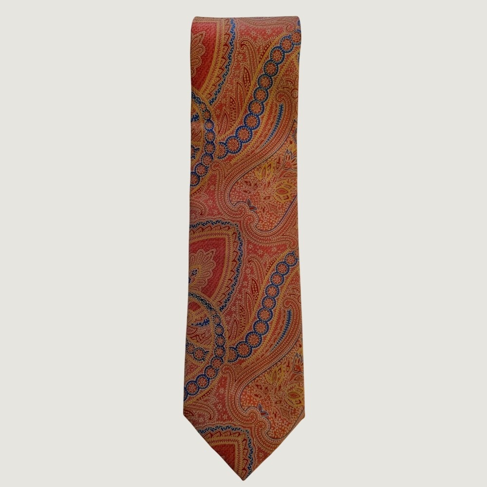 100% Silk Men's Paul Fredrick Orange, Apricot, Blue & Gold Paisley Brocade Tie
